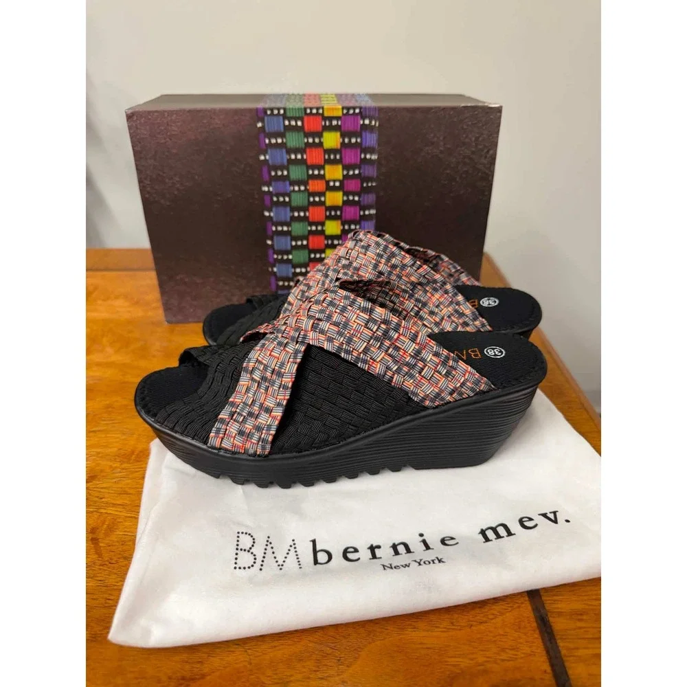 New Bernie Mev 38 7.5 Woven Elastic Wedge Sandals Multi Color Black Slide Shoes